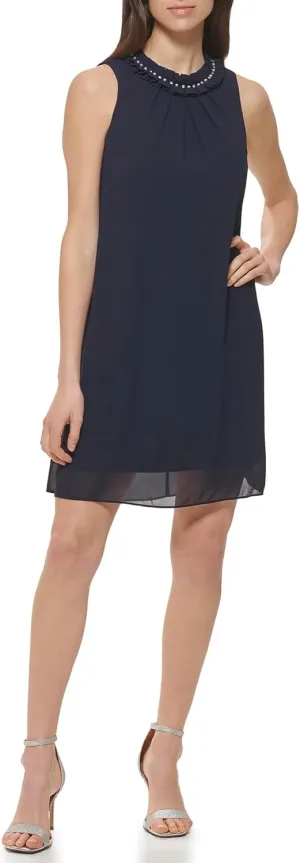 Jessica Howard Women's Halter Chiffon Mini Shift Dress  Special Occasion Sleeveless Jewel Neck