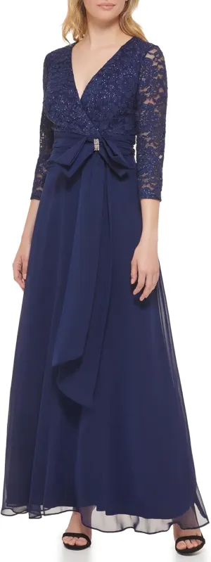 Jessica Howard Women's Lace 3/4 Sleeve V-Neck Maxi Gown  Special Occasion Dress