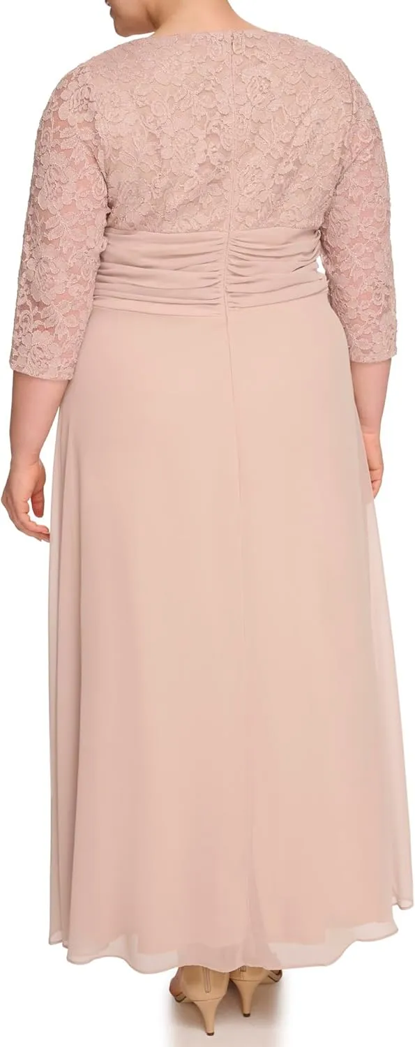 Jessica Howard Women's Lace 3/4 Sleeve V-Neck Maxi Gown  Special Occasion Dress