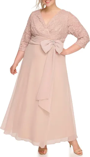 Jessica Howard Women's Lace 3/4 Sleeve V-Neck Maxi Gown  Special Occasion Dress