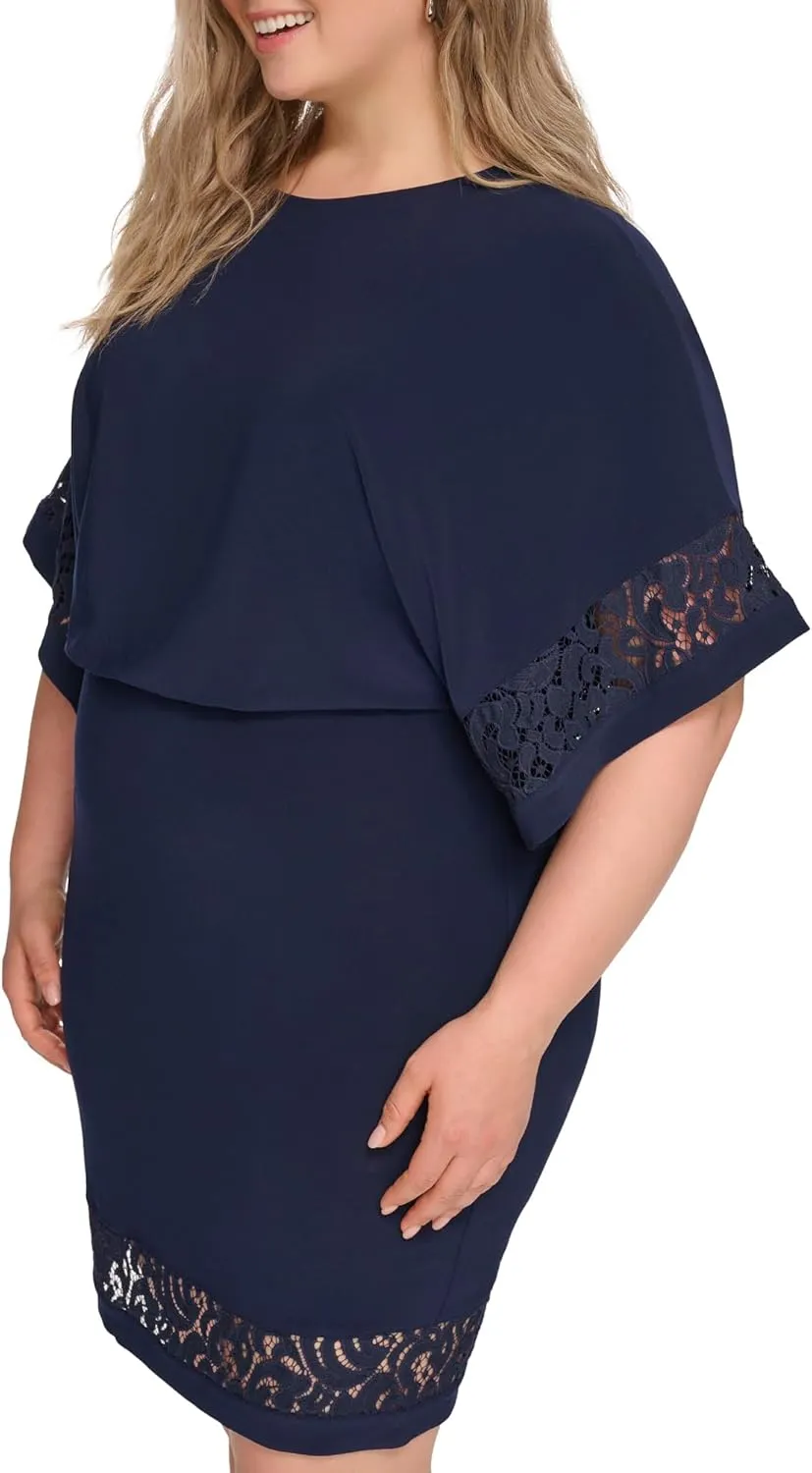 Jessica Howard Women's Lace Trim Knit Mini Dress  Boat Neck Elbow Sleeve Desk to Dinner