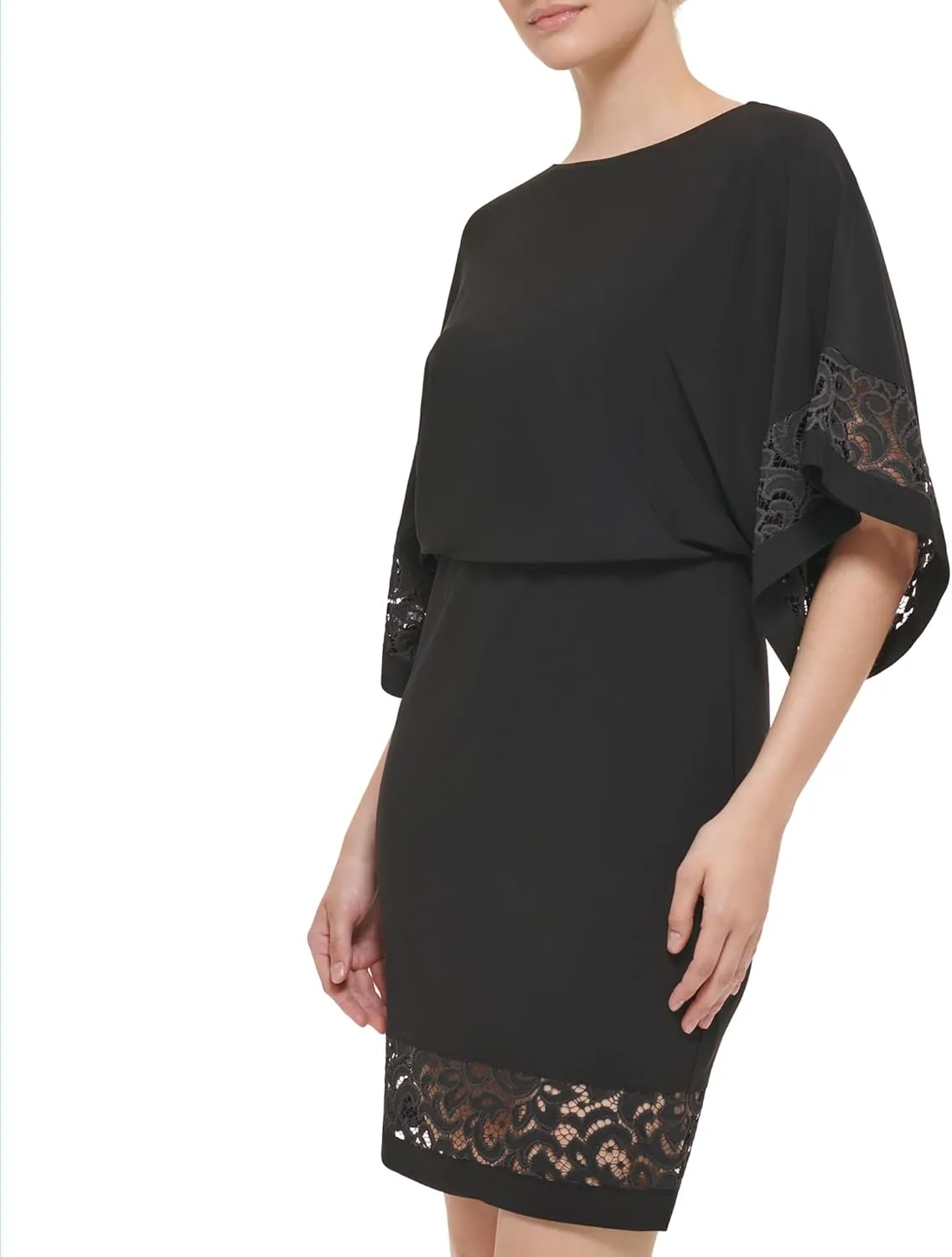 Jessica Howard Women's Lace Trim Knit Mini Dress  Boat Neck Elbow Sleeve Desk to Dinner