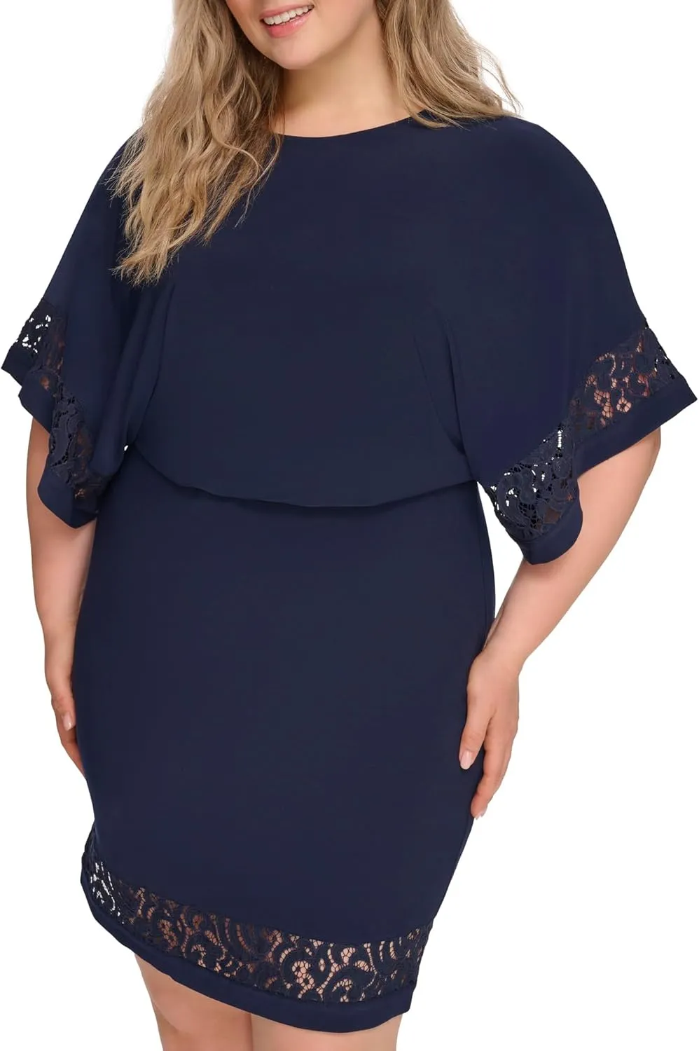 Jessica Howard Women's Lace Trim Knit Mini Dress  Boat Neck Elbow Sleeve Desk to Dinner