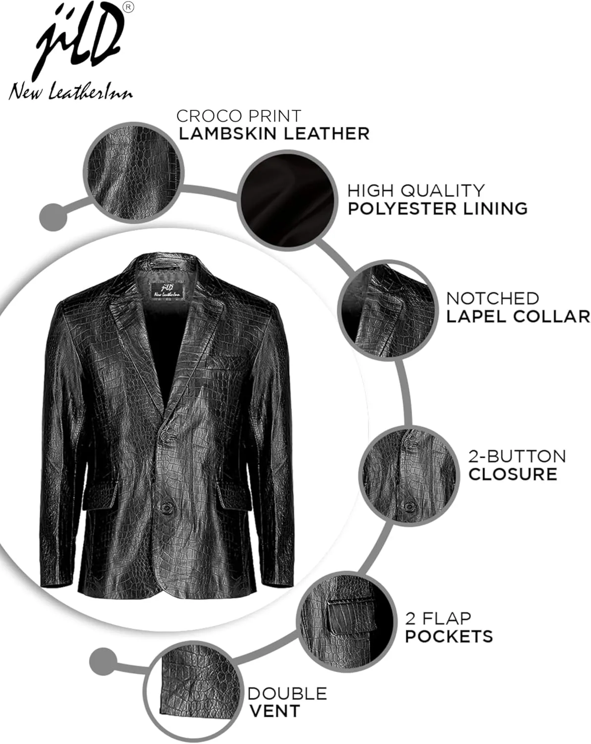 Jild 2-Button Croco Printed Premium Leather Blazer For Men - Notched Lapel Casual Coat Style Lambskin Leather Jacket Men