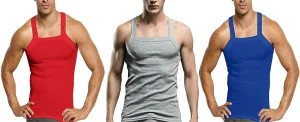 John Son Super Heavy Weight Square Cut Tank Top - 3 Pack (Medium, Red/Royal Blue/Heather Gray)