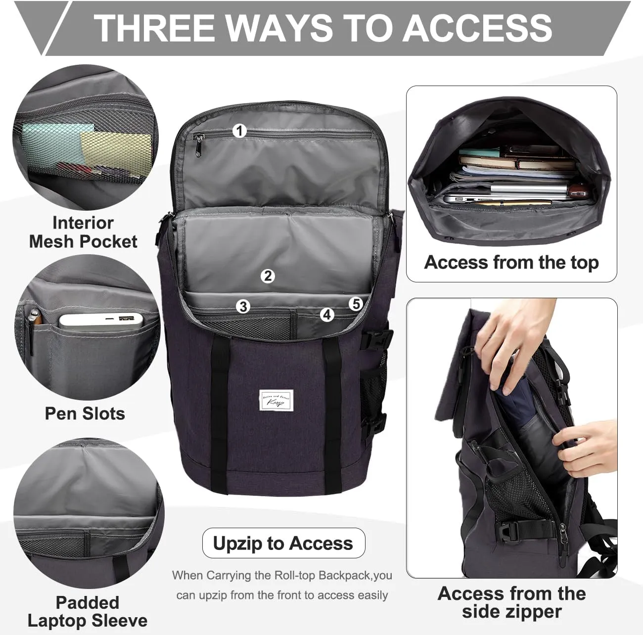 Kasqo Rolltop Backpack for Men, 17 Inch Laptop Backpacks Large Capacity Lightweight Water Resistant College Travel Daypack