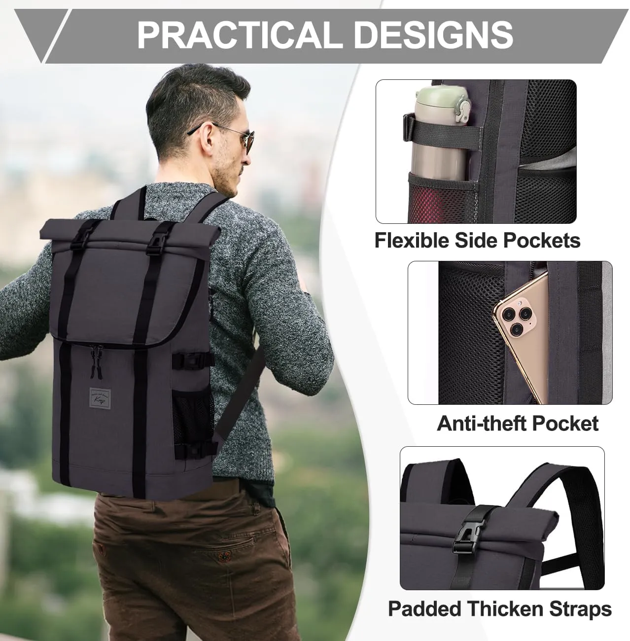 Kasqo Rolltop Backpack for Men, 17 Inch Laptop Backpacks Large Capacity Lightweight Water Resistant College Travel Daypack