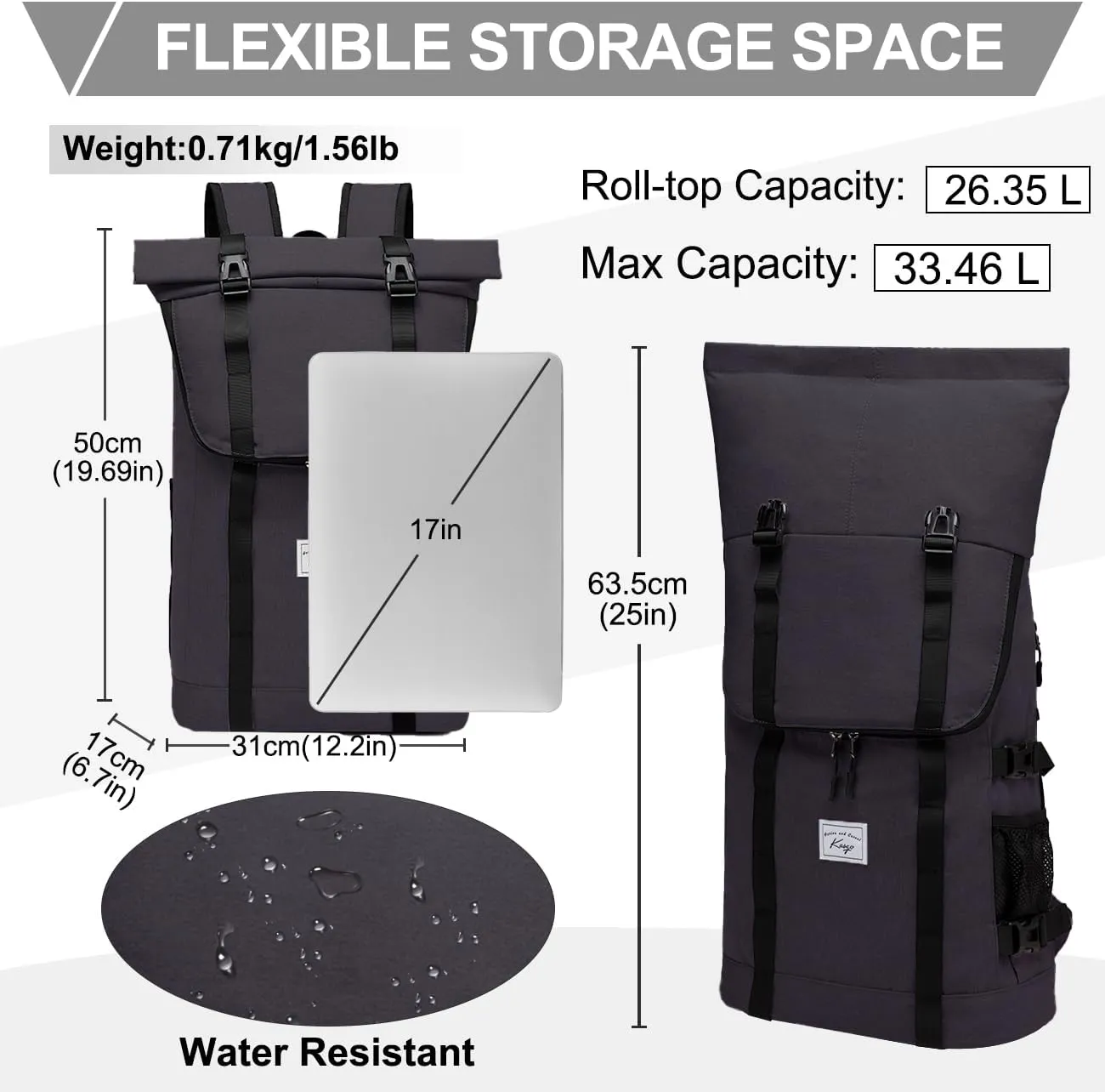 Kasqo Rolltop Backpack for Men, 17 Inch Laptop Backpacks Large Capacity Lightweight Water Resistant College Travel Daypack