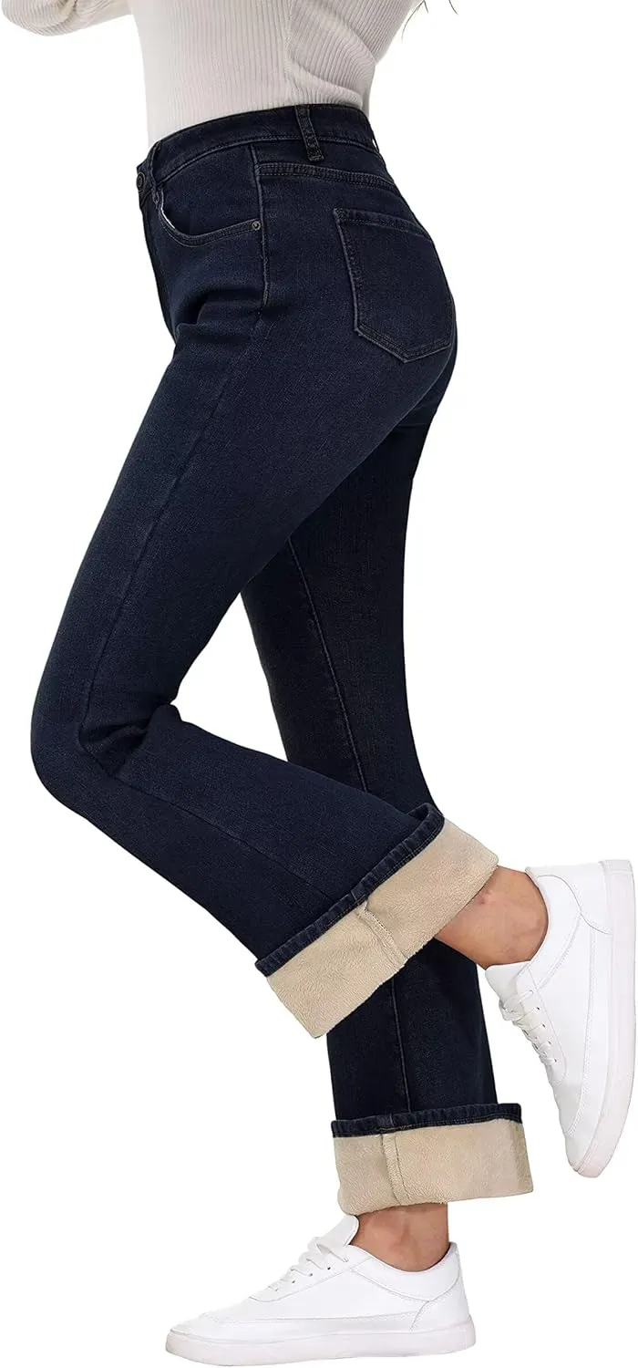 KDF Women's Flare High Waisted Bell Bottom Jeans - Thermal Fleece Lined Winter Warm Pants