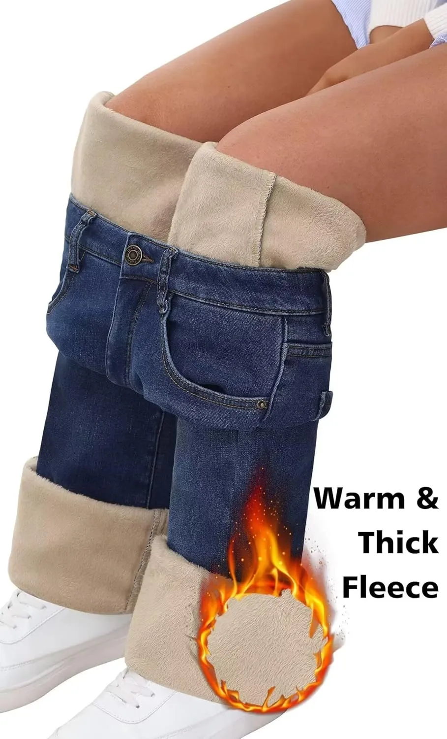 KDF Women's Flare High Waisted Bell Bottom Jeans - Thermal Fleece Lined Winter Warm Pants