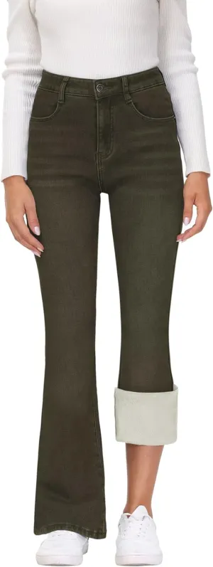 KDF Women's Flare High Waisted Bell Bottom Jeans - Thermal Fleece Lined Winter Warm Pants