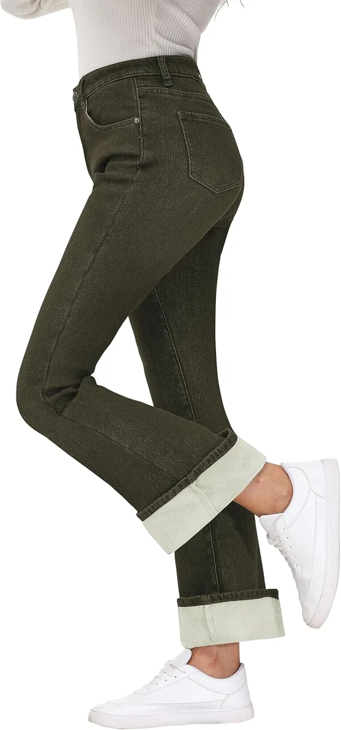 KDF Women's Flare High Waisted Bell Bottom Jeans - Thermal Fleece Lined Winter Warm Pants