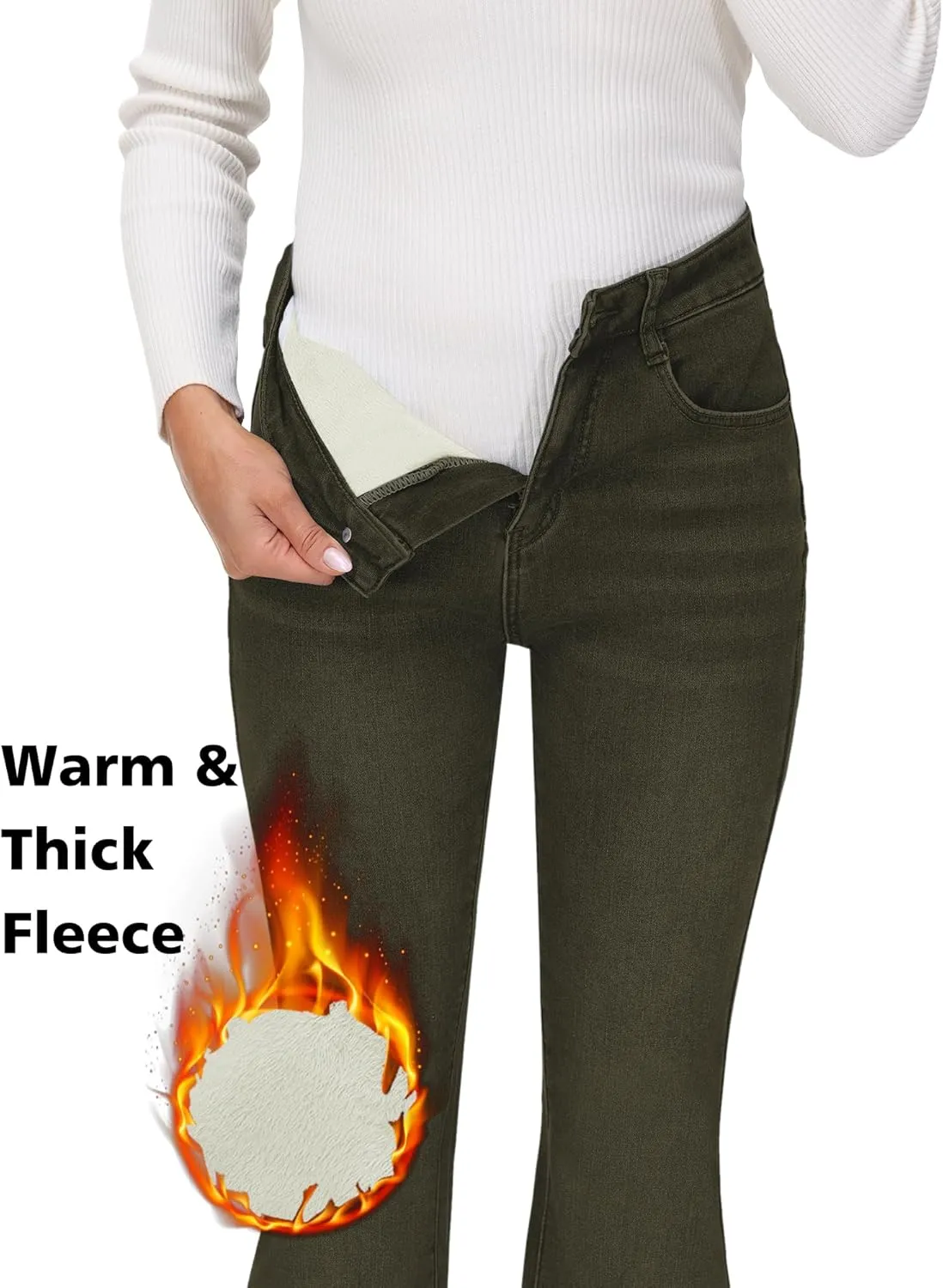 KDF Women's Flare High Waisted Bell Bottom Jeans - Thermal Fleece Lined Winter Warm Pants