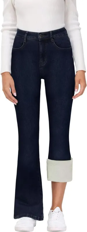 KDF Women's Flare High Waisted Bell Bottom Jeans - Thermal Fleece Lined Winter Warm Pants
