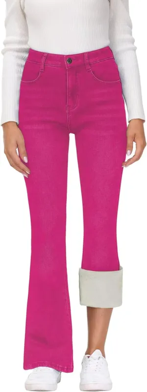 KDF Women's Flare High Waisted Bell Bottom Jeans - Thermal Fleece Lined Winter Warm Pants