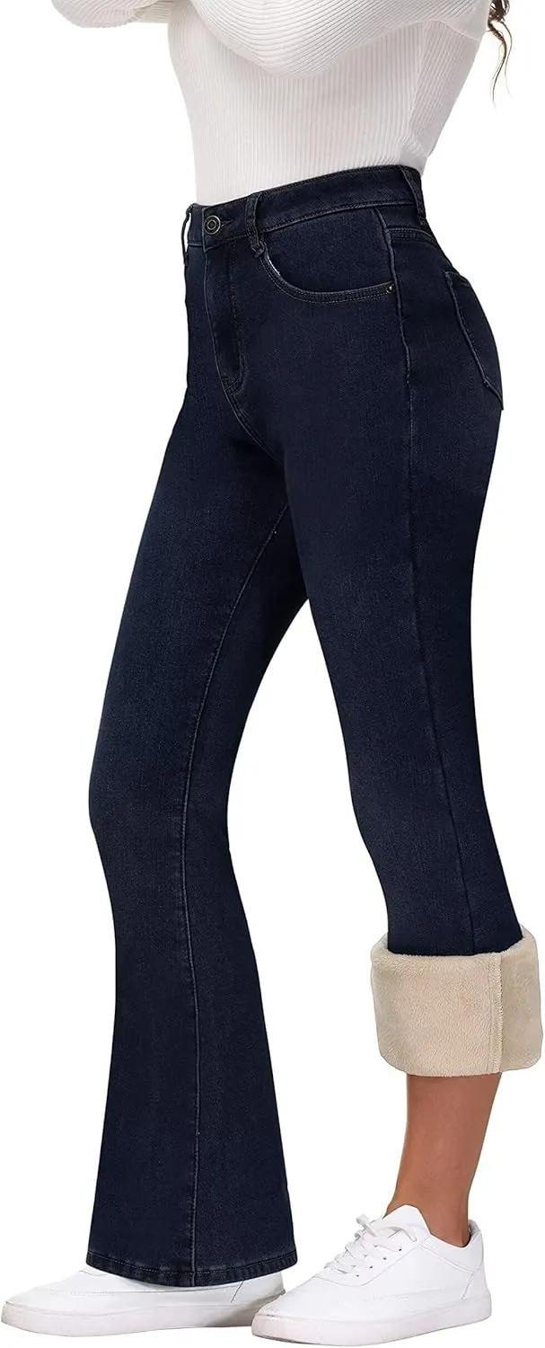 KDF Women's Flare High Waisted Bell Bottom Jeans - Thermal Fleece Lined Winter Warm Pants
