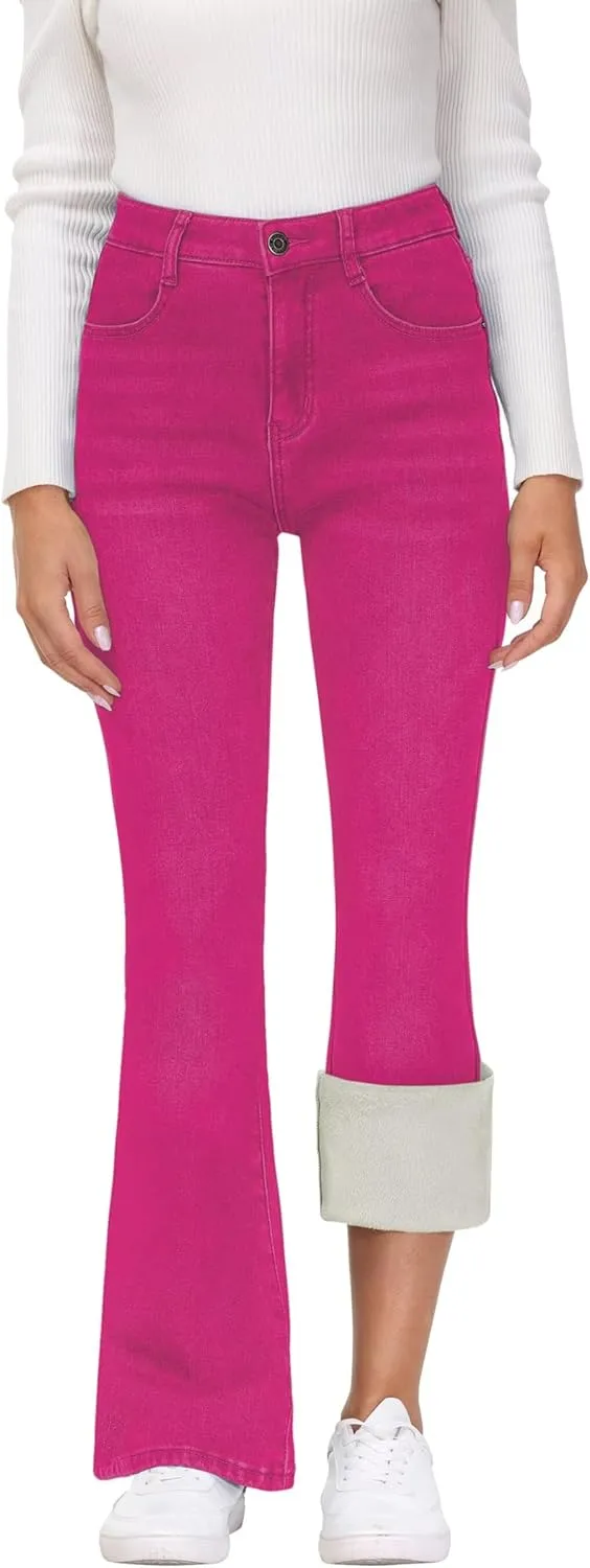 KDF Women's Flare High Waisted Bell Bottom Jeans - Thermal Fleece Lined Winter Warm Pants