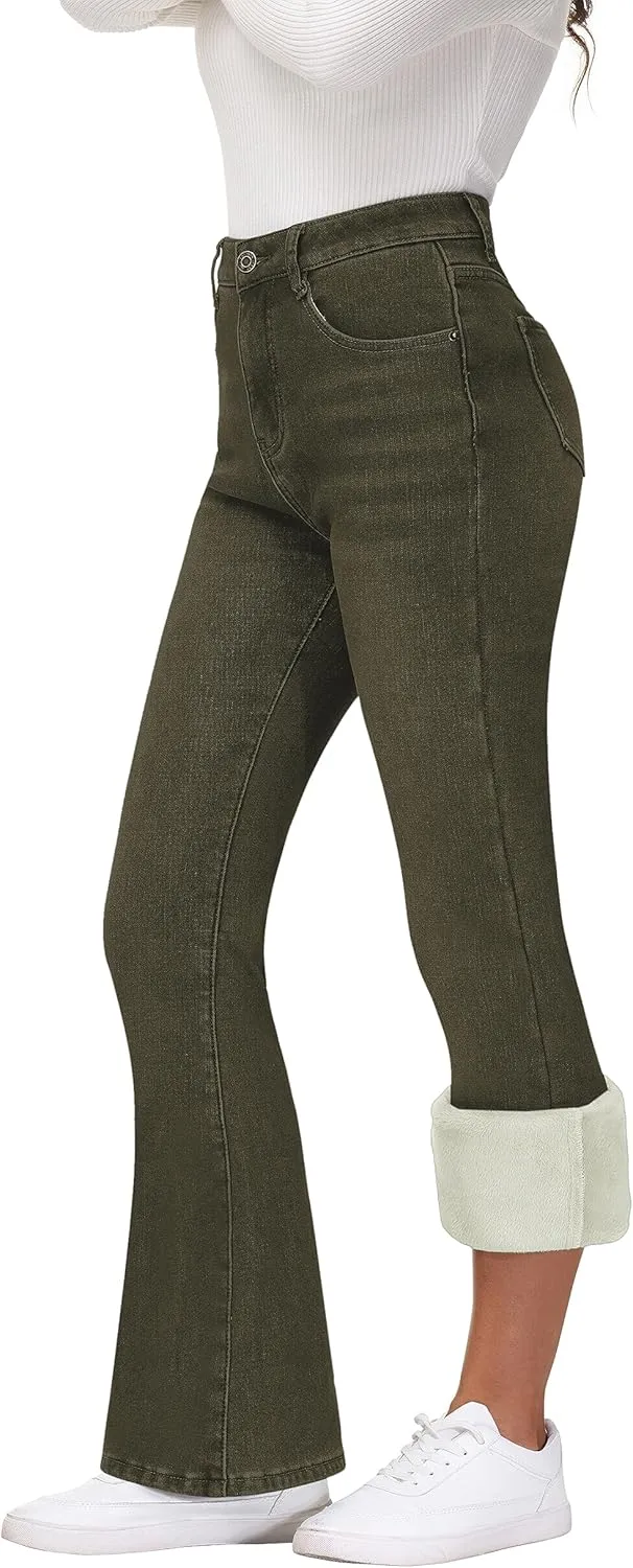 KDF Women's Flare High Waisted Bell Bottom Jeans - Thermal Fleece Lined Winter Warm Pants