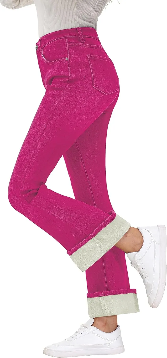 KDF Women's Flare High Waisted Bell Bottom Jeans - Thermal Fleece Lined Winter Warm Pants