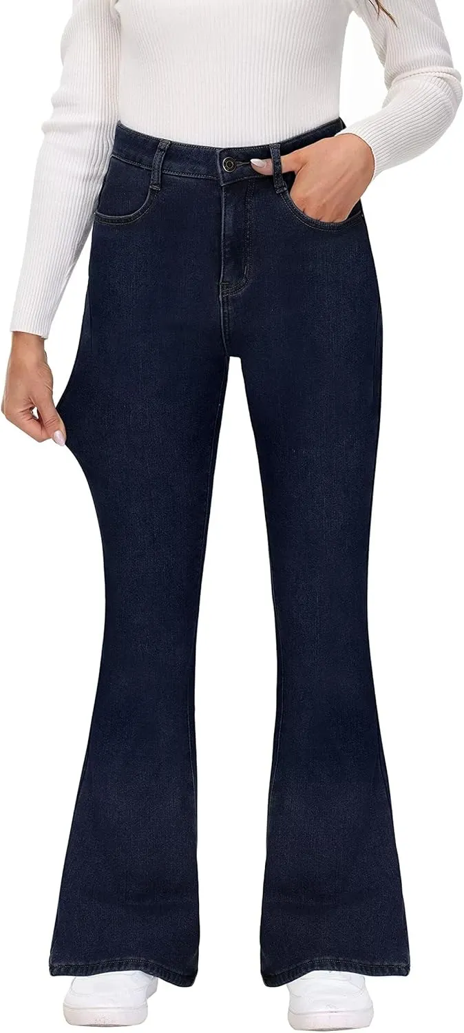 KDF Women's Flare High Waisted Bell Bottom Jeans - Thermal Fleece Lined Winter Warm Pants