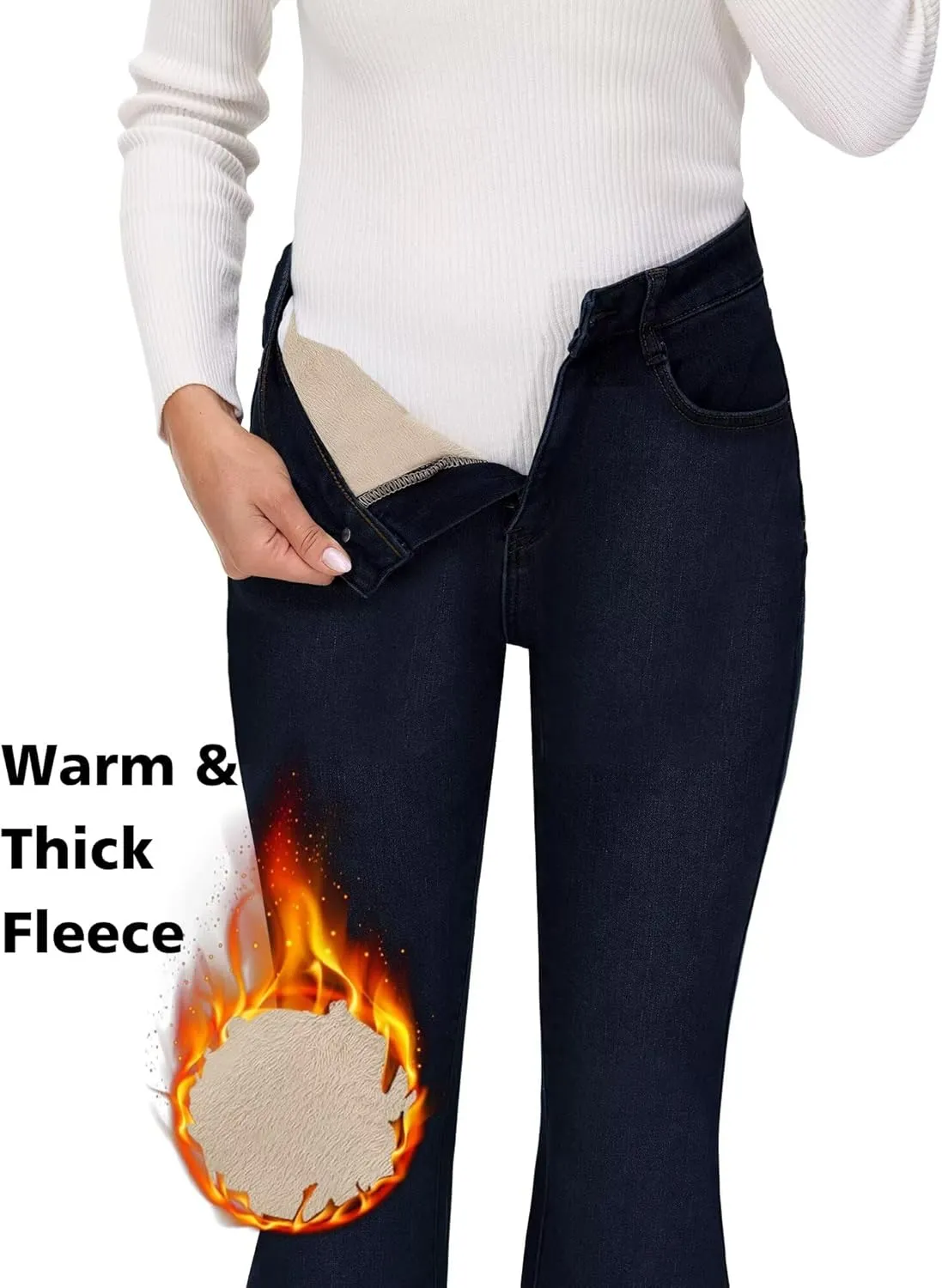 KDF Women's Flare High Waisted Bell Bottom Jeans - Thermal Fleece Lined Winter Warm Pants