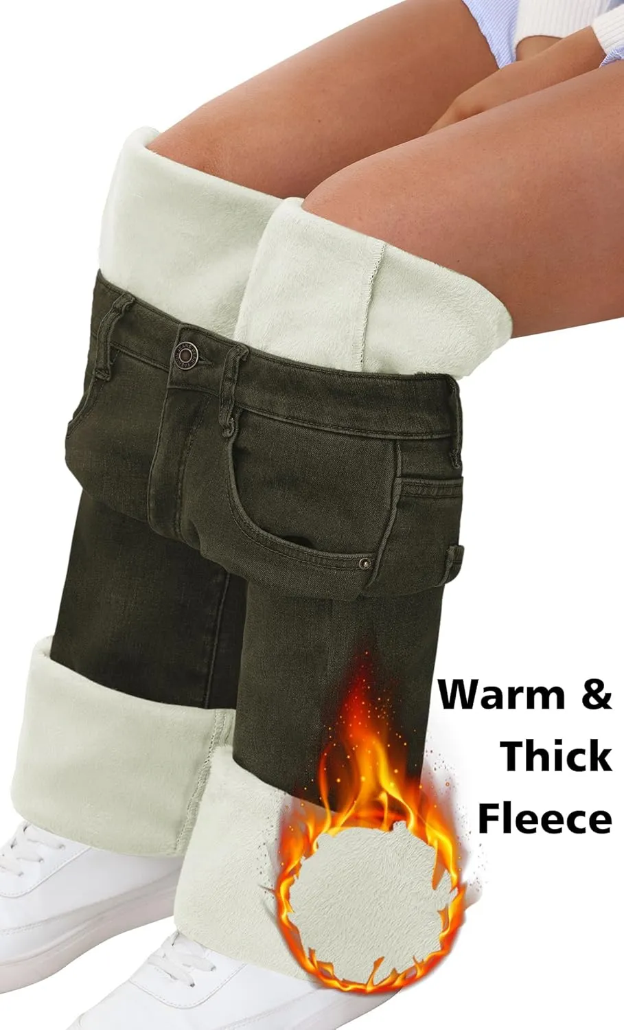 KDF Women's Flare High Waisted Bell Bottom Jeans - Thermal Fleece Lined Winter Warm Pants