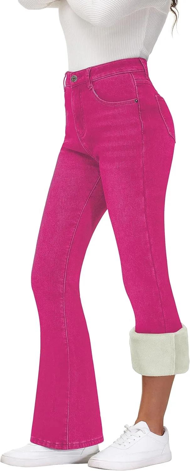 KDF Women's Flare High Waisted Bell Bottom Jeans - Thermal Fleece Lined Winter Warm Pants