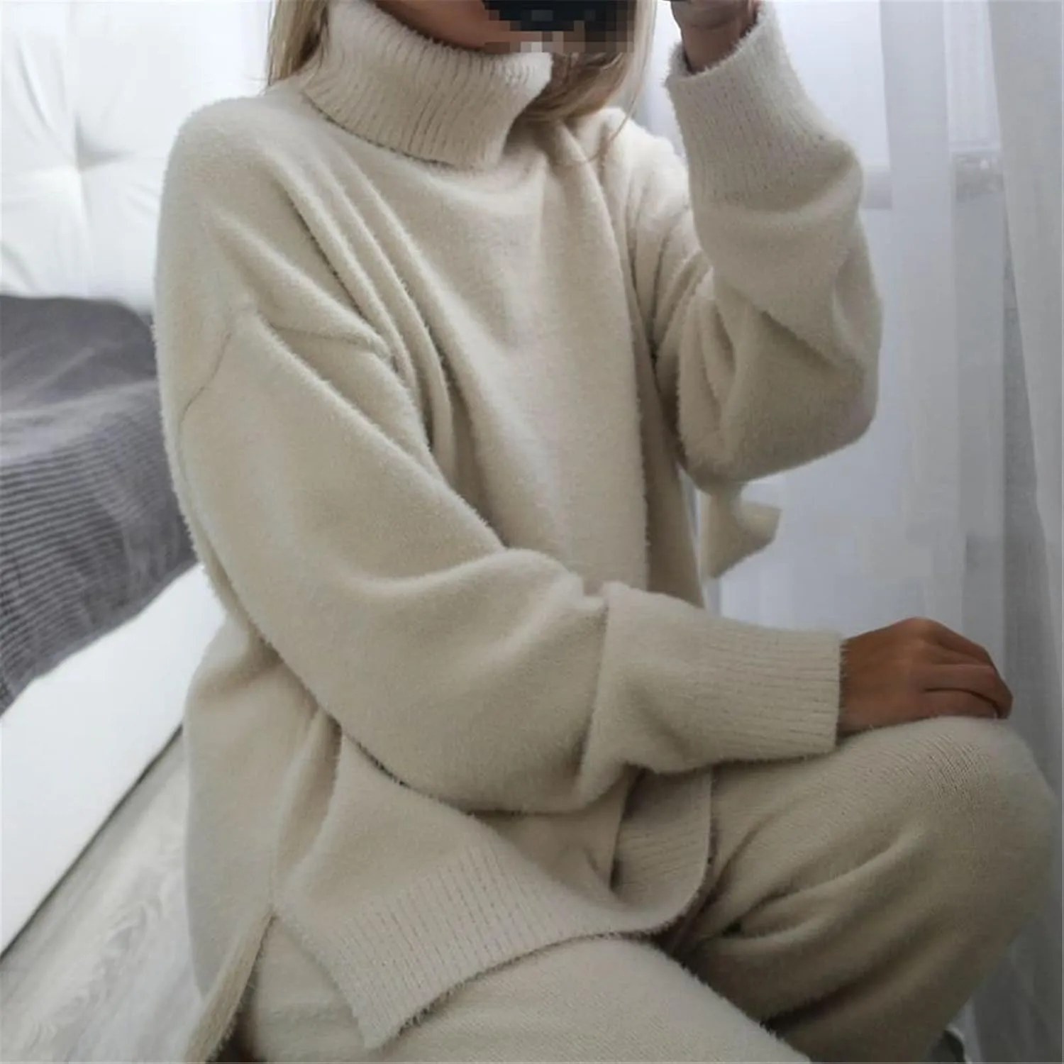 Kelsiop Ladies Cashmere Wide Leg Pants Set Thickened Warm Turtleneck Sportswear 2/Two Piece Suits