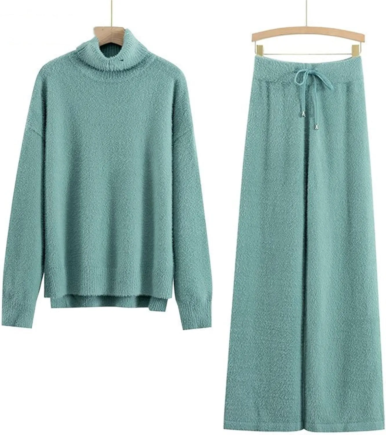 Kelsiop Ladies Cashmere Wide Leg Pants Set Thickened Warm Turtleneck Sportswear 2/Two Piece Suits