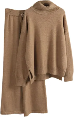 Kelsiop Ladies Cashmere Wide Leg Pants Set Thickened Warm Turtleneck Sportswear 2/Two Piece Suits