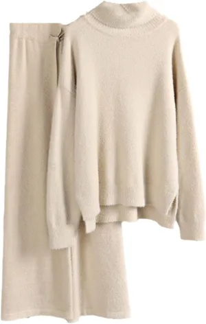 Kelsiop Ladies Cashmere Wide Leg Pants Set Thickened Warm Turtleneck Sportswear 2/Two Piece Suits