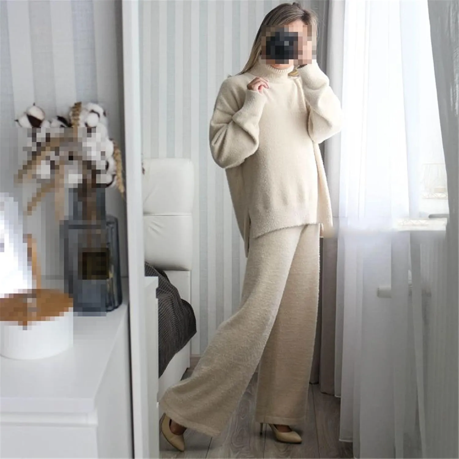 Kelsiop Ladies Cashmere Wide Leg Pants Set Thickened Warm Turtleneck Sportswear 2/Two Piece Suits