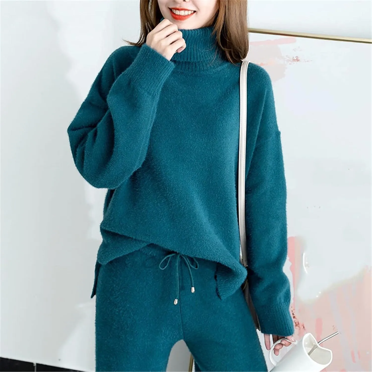 Kelsiop Ladies Cashmere Wide Leg Pants Set Thickened Warm Turtleneck Sportswear 2/Two Piece Suits