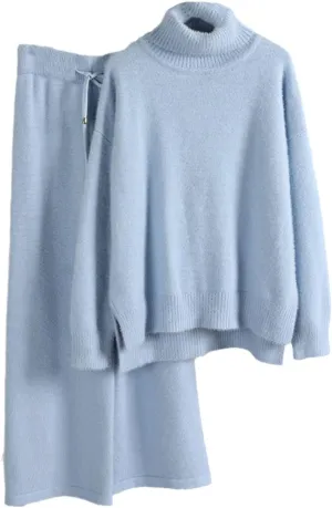 Kelsiop Ladies Cashmere Wide Leg Pants Set Thickened Warm Turtleneck Sportswear 2/Two Piece Suits