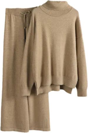 Kelsiop Ladies Cashmere Wide Leg Pants Set Thickened Warm Turtleneck Sportswear 2/Two Piece Suits