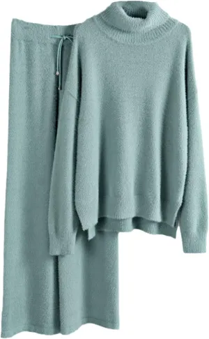 Kelsiop Ladies Cashmere Wide Leg Pants Set Thickened Warm Turtleneck Sportswear 2/Two Piece Suits