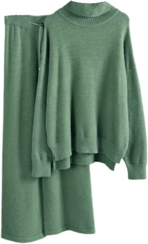 Kelsiop Ladies Cashmere Wide Leg Pants Set Thickened Warm Turtleneck Sportswear 2/Two Piece Suits