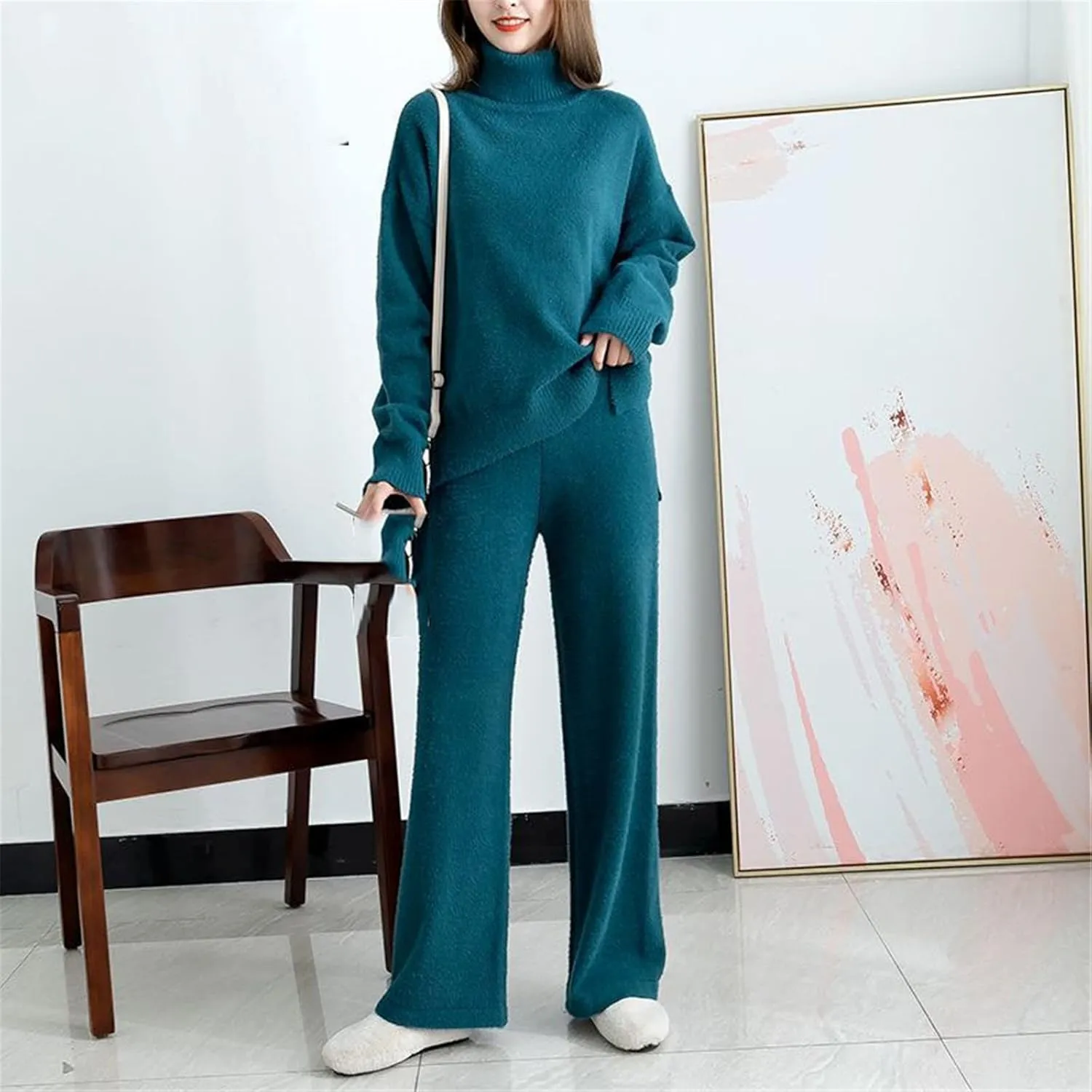 Kelsiop Ladies Cashmere Wide Leg Pants Set Thickened Warm Turtleneck Sportswear 2/Two Piece Suits
