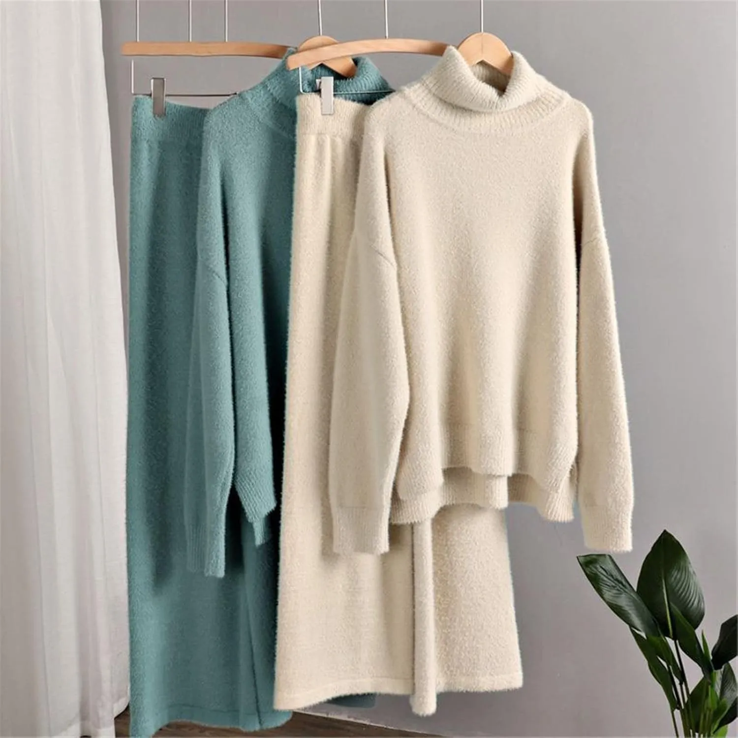 Kelsiop Ladies Cashmere Wide Leg Pants Set Thickened Warm Turtleneck Sportswear 2/Two Piece Suits