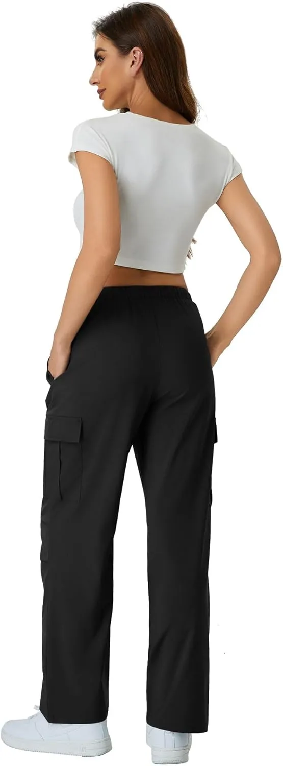 keriffe Women's Cargo Pants Quick Dry Lightweight Water-Resistant Hiking Pants Elastic High Waisted Drawstring 4 Pockets