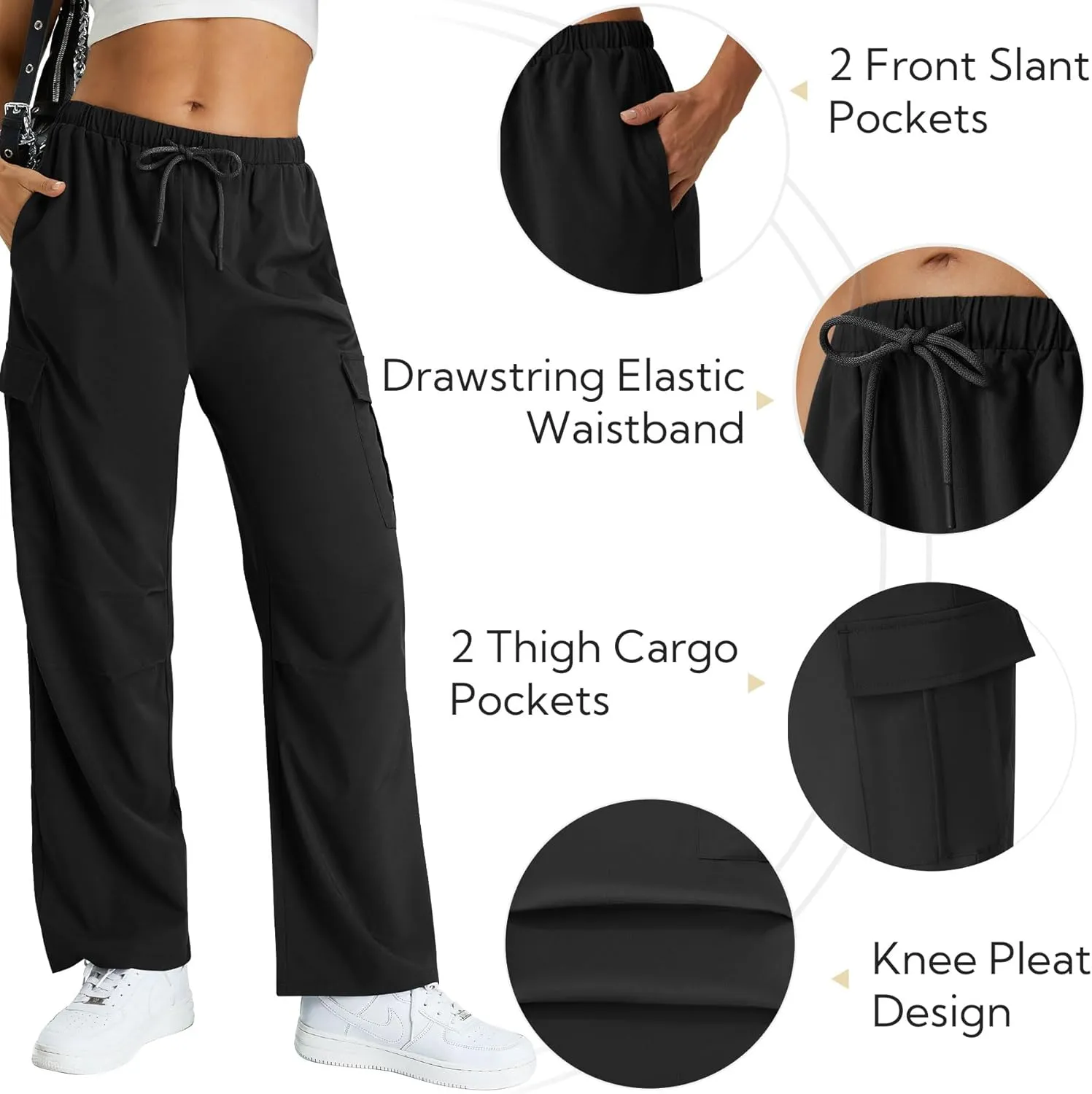keriffe Women's Cargo Pants Quick Dry Lightweight Water-Resistant Hiking Pants Elastic High Waisted Drawstring 4 Pockets
