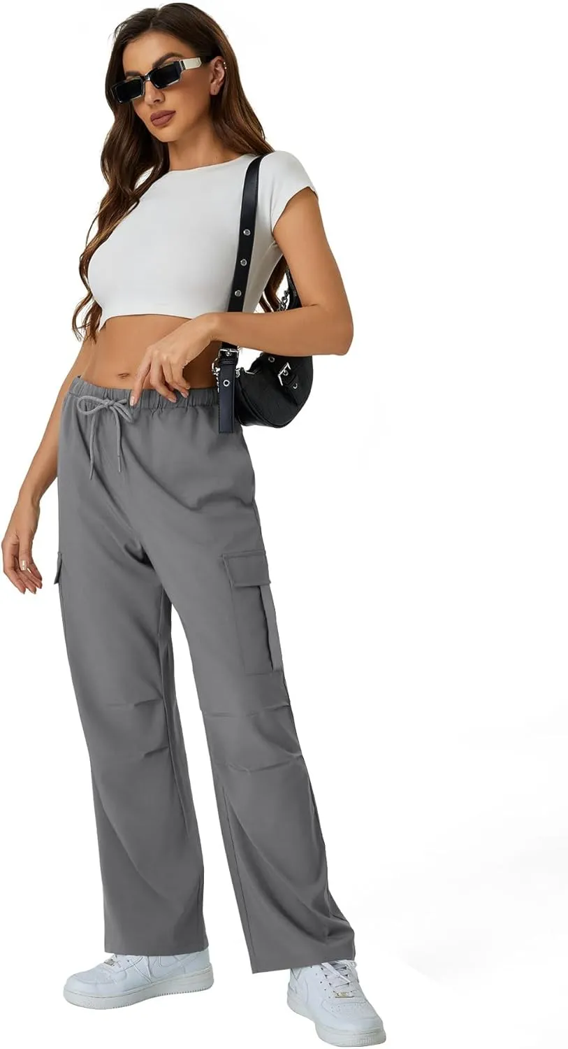 keriffe Women's Cargo Pants Quick Dry Lightweight Water-Resistant Hiking Pants Elastic High Waisted Drawstring 4 Pockets