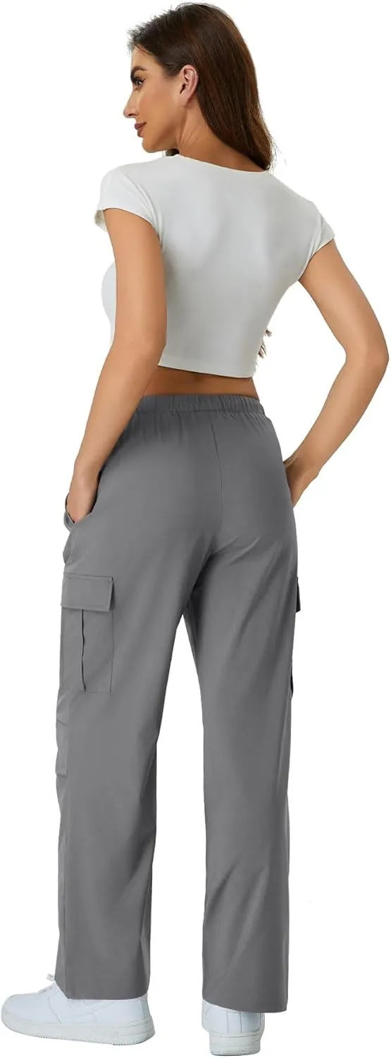 keriffe Women's Cargo Pants Quick Dry Lightweight Water-Resistant Hiking Pants Elastic High Waisted Drawstring 4 Pockets