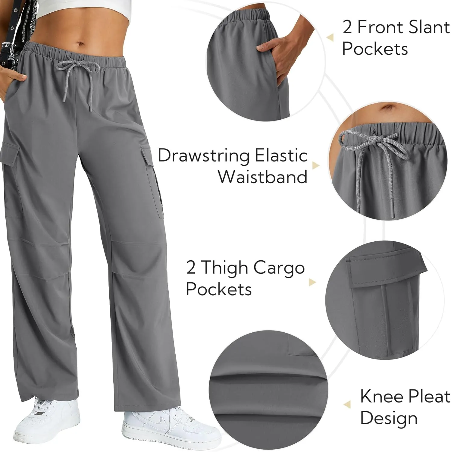 keriffe Women's Cargo Pants Quick Dry Lightweight Water-Resistant Hiking Pants Elastic High Waisted Drawstring 4 Pockets