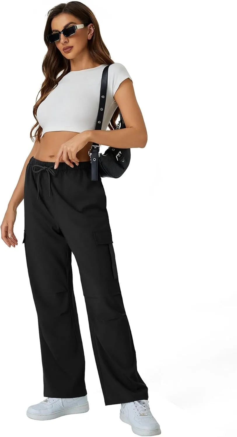 keriffe Women's Cargo Pants Quick Dry Lightweight Water-Resistant Hiking Pants Elastic High Waisted Drawstring 4 Pockets