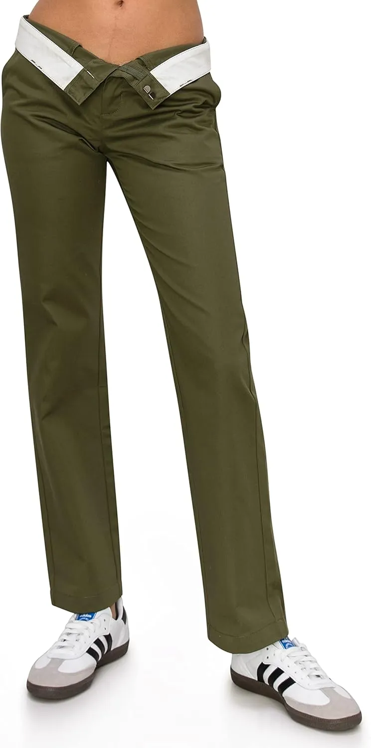 KHAKI & BLUE Women's Work Pants  High Rise Straight Leg Casual Trousers with Pockets