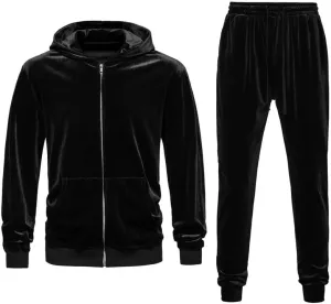 KISSQIQI Mens 2 Pieces Velour Tracksuits Velvet Outfits Sweatsuits Jogging Sport Suits Jacket Pants hooded Tracksuit