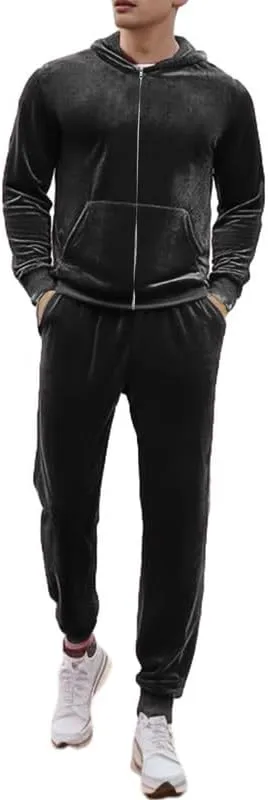 KISSQIQI Mens 2 Pieces Velour Tracksuits Velvet Outfits Sweatsuits Jogging Sport Suits Jacket Pants hooded Tracksuit