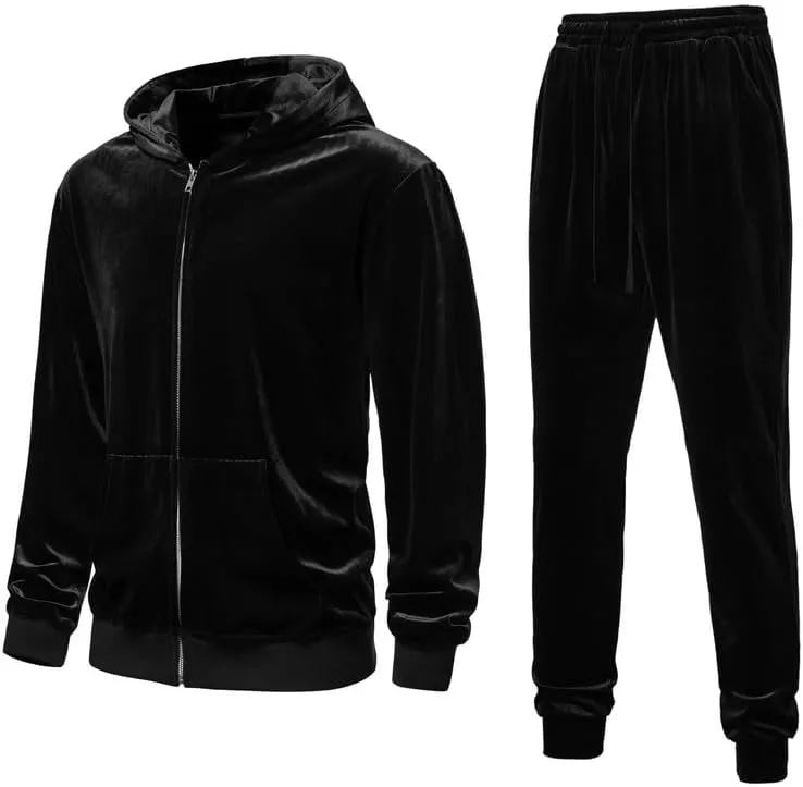 KISSQIQI Mens 2 Pieces Velour Tracksuits Velvet Outfits Sweatsuits Jogging Sport Suits Jacket Pants hooded Tracksuit