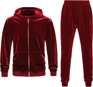 KISSQIQI Mens 2 Pieces Velour Tracksuits Velvet Outfits Sweatsuits Jogging Sport Suits Jacket Pants hooded Tracksuit